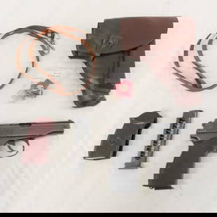 Makarov 9x18mm Pistol with holster: Makarov 9x18mm Pistol with holster - SN# KT21 1938 Arsenal Model: Makarov Cal. 9x18mm Made in Bulgaria C.A.I. Georgia VT. 3 5/8" barrel, fixed front and rear 3 point sights, black synthetic grip