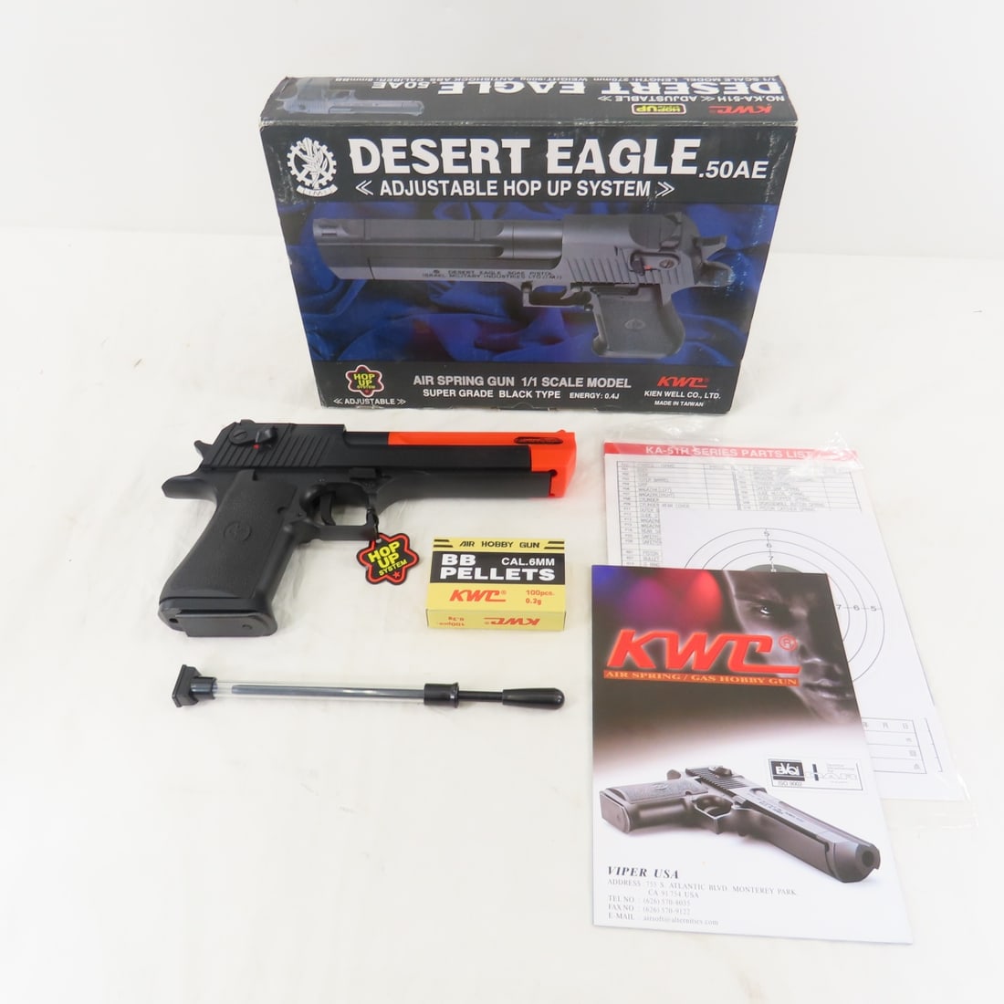KWC Desert Eagle .50AE 6mm BB Pellet Pistol: KWC Desert Eagle .50AE 6mm BB Pellet Pistol - No KA-51 H adjustable, anti-shock in original box - looks unused. Bidders please know local laws before bidding. Photos are part of description. Please as