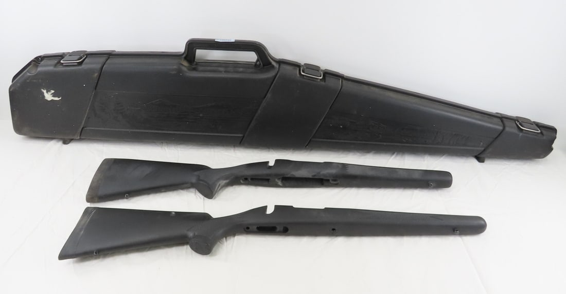 2 Synthetic Pistol Grip Stocks & Plastic Gun Case: 2 Synthetic Pistol Grip Stocks & Plastic Gun Case - 1) Remington Standard short 30" to recoil pad, 6.5" from center to center, raised check piece. 2) 29.5" to recoil pad, and 7.75" center to center. 3