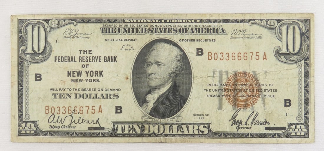1929 $10 National Currency Fed Reserve NY, NY: 1929 $10 National Currency Fed Reserve NY, NY - Photos are part of description. Please ask questions and read terms & conditions before bidding.