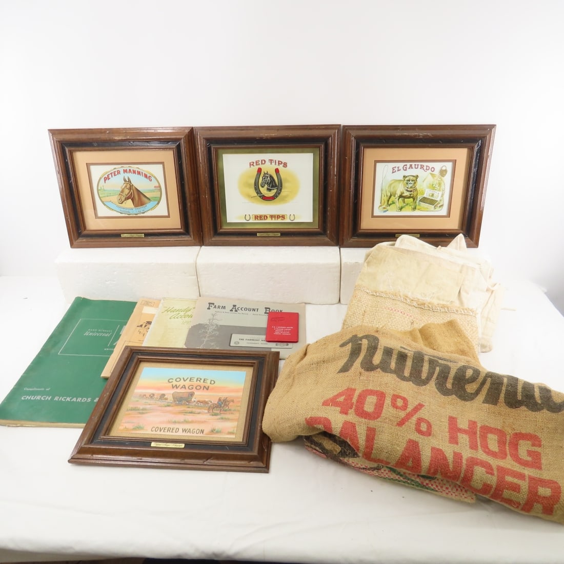 Framed Cigar Box lids, feed bags, and more: Framed Cigar Box lids, feed bags, and more - Photos are part of description. Please ask questions and read terms & conditions before bidding.
