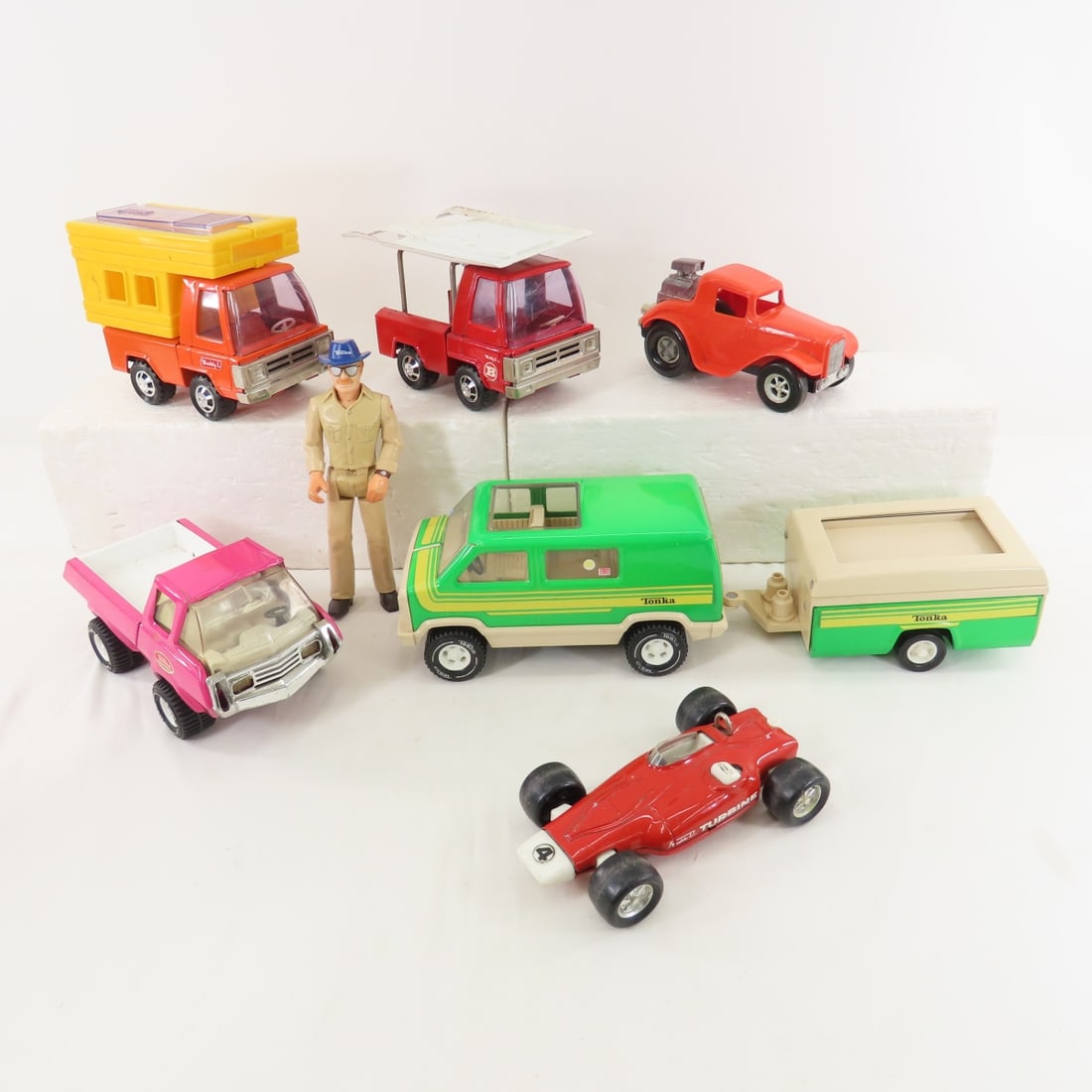Vintage Big Duke Figure, Tonka & Buddy L Vehicles: Vintage Big Duke Figure, Tonka & Buddy L Vehicles - 8" Big Duke, Tonka pink mini truck, Tonka Van & Pop-Up Tent, Buddy L Turbine and Turbine transport, Buddy L camper, Hasbro Hot Rod Photos are part o