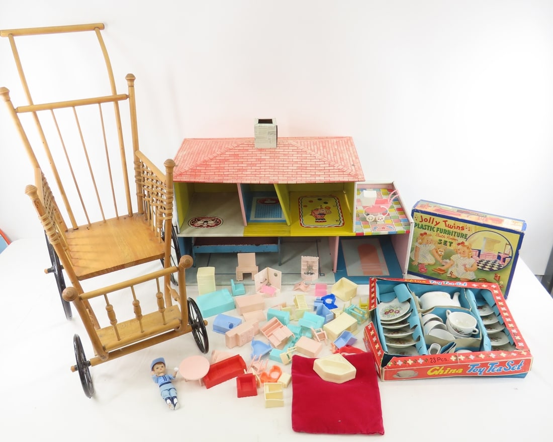 Superior Tin Litho Doll House, Furniture & more: Superior Tin Litho Doll House, Furniture & more - Jolly Twins [empty box], J. Chein Bed Frame, Superior Doll Furniture, Jaymar China Toy Tea Set Photos are part of description- Live Auctioneers only s