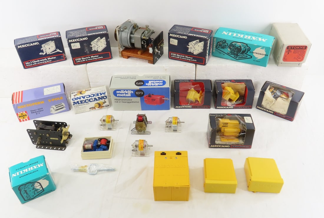 Meccano, Marklin, Erector Set motors & more: Meccano, Marklin, Erector Set motors & more - All Untested -- Meccano No. 11053 Reversible Motor 1.5 Volt DC, Meccano 11055 4.5 Volt, Meccano 11057 3-12 Volt, Meccano E15R, Meccano 11010 Clockwork Mot