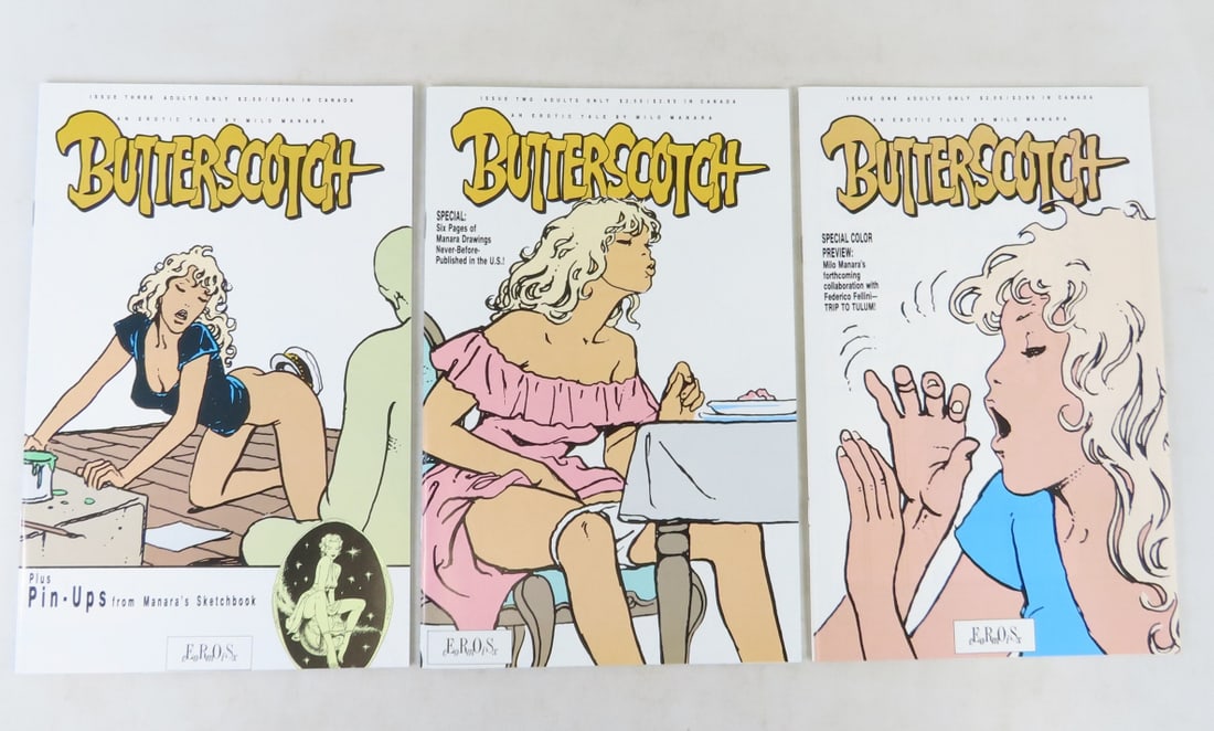 1990 Eros Comix Butterscotch #1, #2, #3: 1990 Eros Comix Butterscotch #1, #2, #3 - Photos are part of description- Live Auctioneers only shows 20 photos per lot, if there are more you can view them on Proxibid or bidding app. Please ask ques