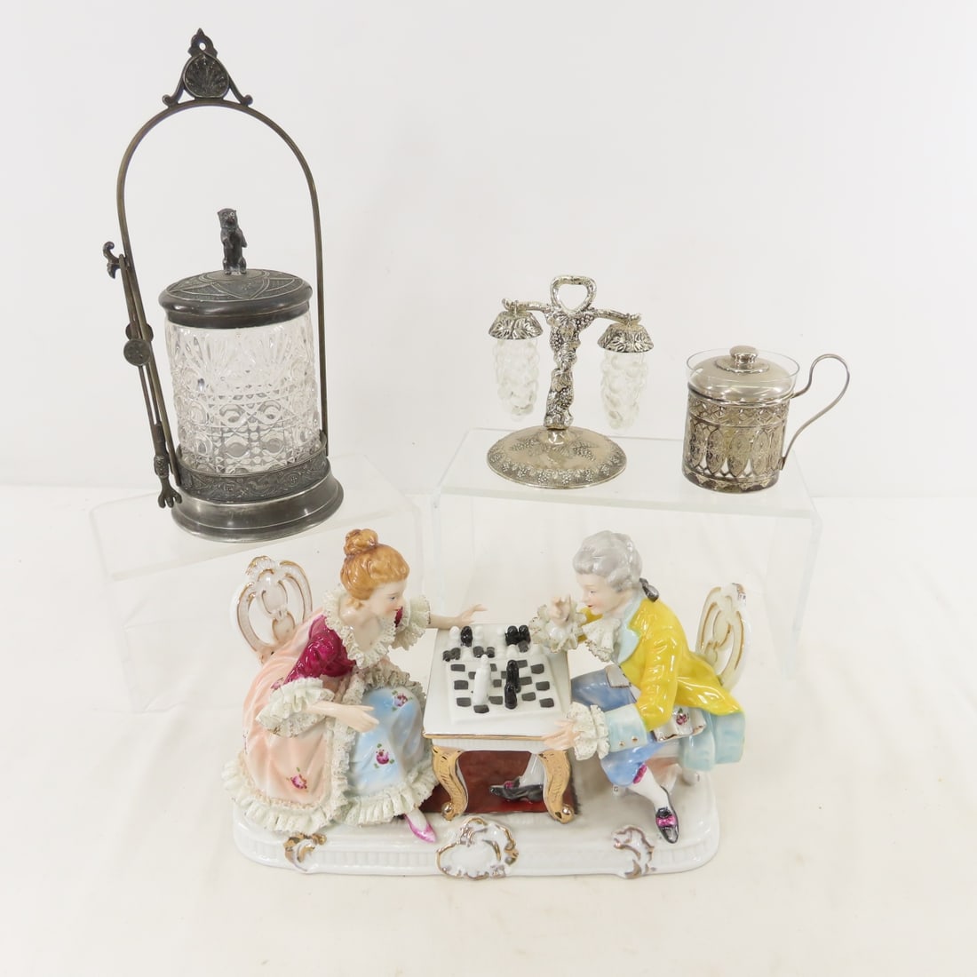 Antique Pickle Castor with dog lid, S&P and more: Antique Pickle Castor with dog lid, S&P and more - mustard pot (no spoon), porcelain chess players Photos are part of description- Live Auctioneers only shows 20 photos per lot, if there are more you