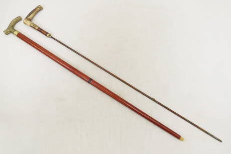 Antique Wood Cane and Umbrella Shaft: Antique Wood Cane and Umbrella Shaft - Umbrella metal shaft has gold filled accents on bone handle 37", cane has brass handle- missing tip 34". Photos are part of description- Live Auctioneers only sh