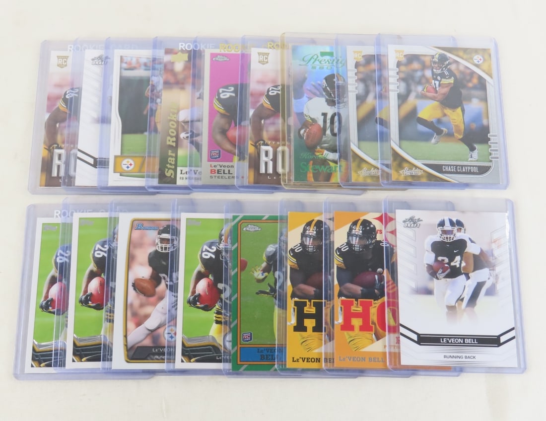 17 Steelers Football Rookie & Star Cards: 17 Steelers Football Rookie & Star Cards - Chase Claypool Rookie Cards, Le'Veon Bell Rookie Cards & more Photos are part of description- Live Auctioneers only shows 20 photos per lot, if there are mor
