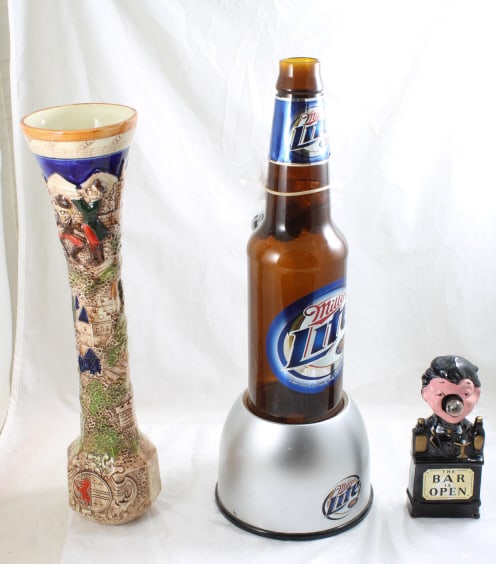 Miller Lite Beer Bubbler Lite, Open Sign & More: Miller Lite Beer Bubbler Lite, Open Sign & More - 18" Tall Royal Sealy Japan German Flared Drinking Vessel, Miller Lite Bubbler Light measures 20.5" Tall & has beer caps that go inside and bubble up i