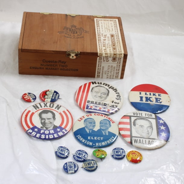 Cuesta Ray Wood Cigar Box, Vintage Political Pins: Cuesta Ray Wood Cigar Box, Vintage Political Pins - Political pinbacks are for Nixon, Humphrey, Wallace, Eisenhower, Johnson, Templar, and Armor Franks "You're DIMPH" Pin. Cigar Box measures 8" x 5.5"