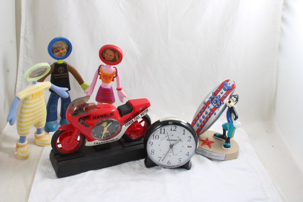 2 Clocks, Disney Surfin' Goofy, 3 Flexo Bendables: 2 Clocks, Disney Surfin' Goofy, 3 Flexo Bendables - Hanslin Transworld Motorcycle Alarm Clock Works (10" Long) + additional Alarm Clock, 3 Flexo Bendable Buddies Photo frames by CBS Hottie, Mr. Know a