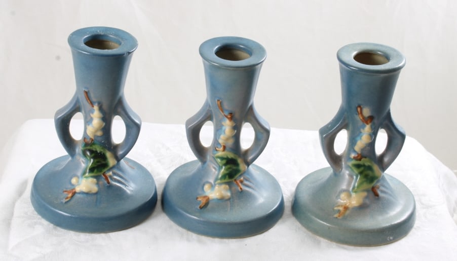 3 Roseville Snowberry 5" Candleholders: 3 Roseville Snowberry 5" Candleholders - . Photos are part of description- Live Auctioneers only shows 20 photos per lot, if there are more you can view them on Proxibid or bidding app. Please ask que