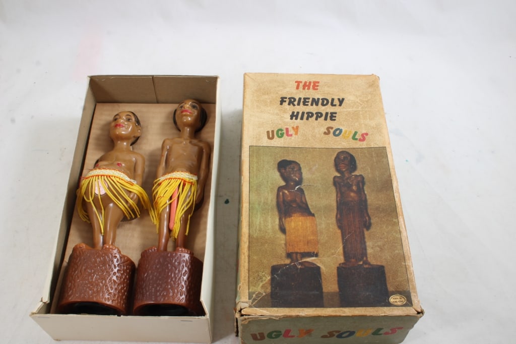 Adult Novelty Friendly Hippie Ugly Souls in Box: Adult Novelty Friendly Hippie Ugly Souls in Box - Put them together and watch what happens. Made in Hong Kong with original box.. Photos are part of description- Live Auctioneers only shows 20 photos 