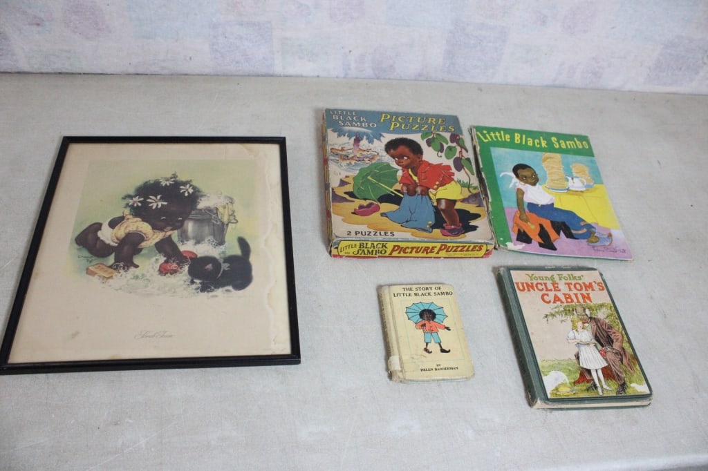Black Americana Books, Puzzle, Framed Print: Black Americana Books, Puzzle, Framed Print - 2 Little Black Sambo Books, Little Black Sambo Picture Puzzles, Uncle Tom's Cabin Book and Black Americana Framed Print. Photos are part of description- L