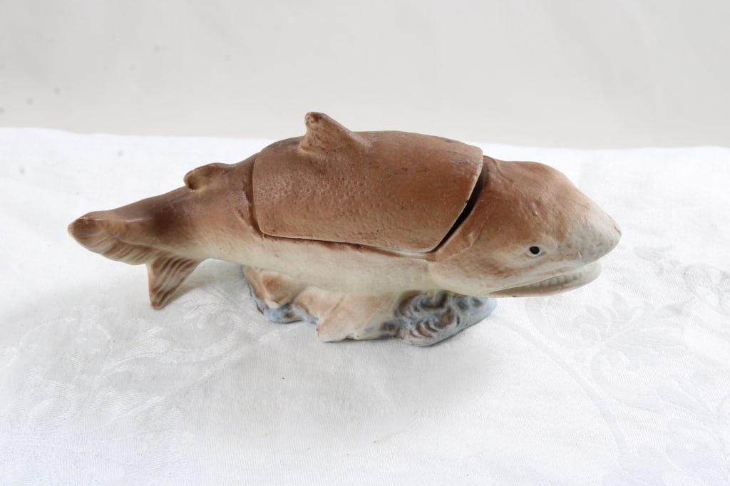 Bisque Germany Shark with Bathing Beauty Figurine: Bisque Germany Shark with Bathing Beauty Figurine - Marked Germany about 5" long. Photos are part of description- Live Auctioneers only shows 20 photos per lot, if there are more you can view them on