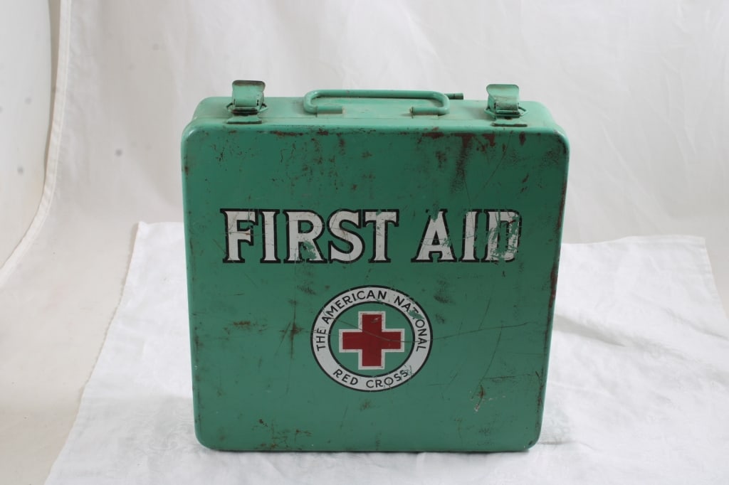 Vintage Red Cross First Aid Kit w/Supplies: Vintage Red Cross First Aid Kit w/Supplies - . Photos are part of description- Live Auctioneers only shows 20 photos per lot, if there are more you can view them on Proxibid or bidding app. Please ask