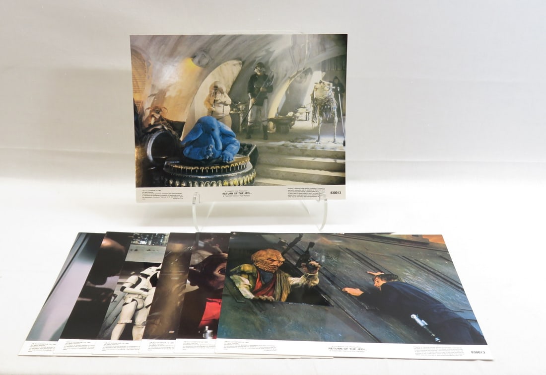 83' Return of the Jedi Star Wars Movie Lobby Cards: 83' Return of the Jedi Star Wars Movie Lobby Cards - Includes 7 lobby cards. Measure 14 x 11. Please ask questions and read terms & conditions before bidding. Photos are part of description- Live Auct