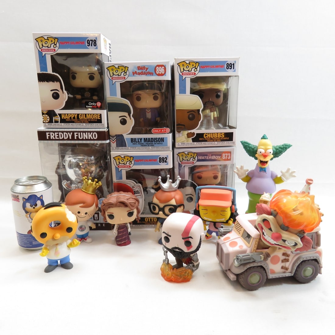 Adam Sandler Movie Funko Pop & More: Adam Sandler Movie Funko Pop & More - Please ask questions and read terms & conditions before bidding. Photos are part of description- Live Auctioneers only shows 20 photos per lot, if there are
