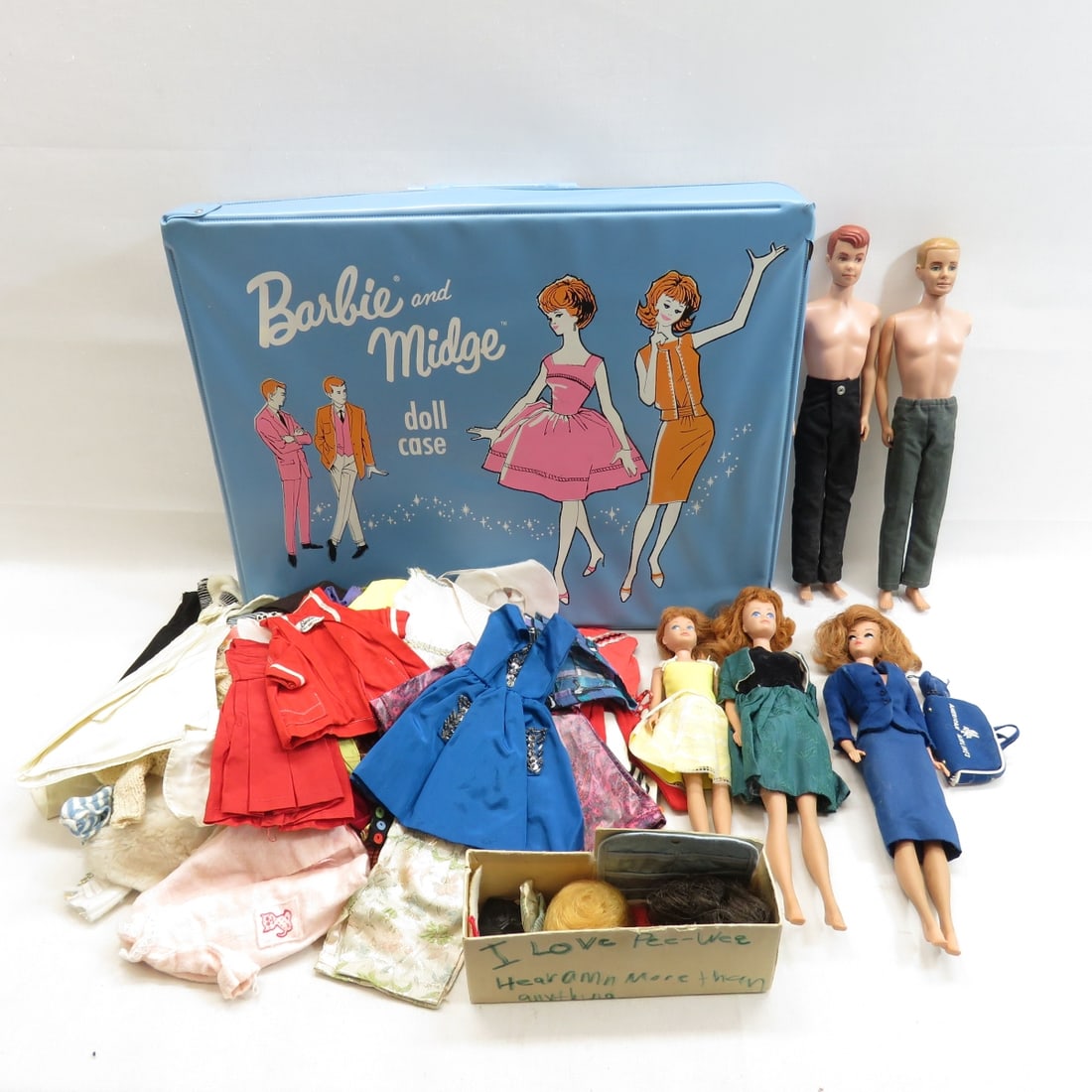 Barbie, Midge Doll Case, Dolls, Clothing: Barbie, Midge Doll Case, Dolls, Clothing - Some clothing is marked. Many are hand crafted for the dolls. Case will show interior damage and slit on exterior. Some clothing will show age spots or stain