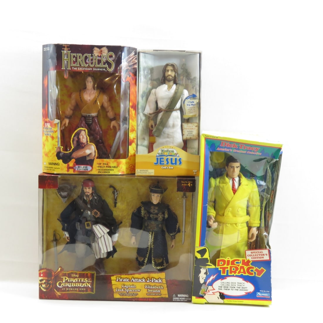 Dick Tracy, Jesus, Hercules, Pirates Dolls: Dick Tracy, Jesus, Hercules, Pirates Dolls - New in boxes. Some boxes will show wear. Dick Tracy has heavy wear as shown. Please ask questions and read terms & conditions before bidding. Photos are pa