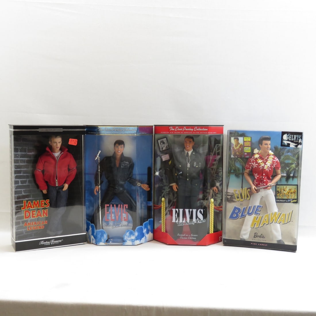 Collector Mattel James Dean, Elvis Barbie Dolls: Collector Mattel James Dean, Elvis Barbie Dolls - New in boxes. Boxes will show light wear. Please ask questions and read terms & conditions before bidding. Photos are part of description- Live Auctio