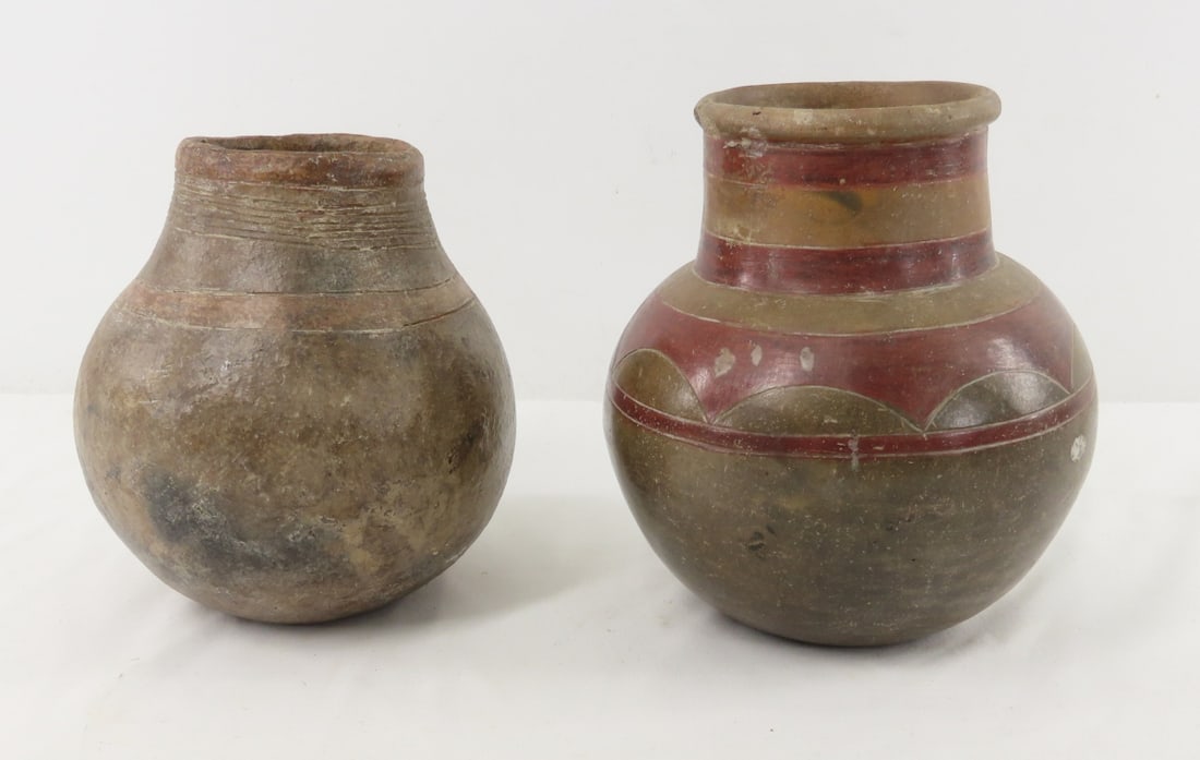 2 Handmade South African Small Clay Water Vessels: 2 Handmade South African Small Clay Water Vessels - Tallest is 6.5", slight crack and chip around lip, Lot size: 12 x 9 x 9", 4 lbs Photos are part of lot description. Please ask questions and read te