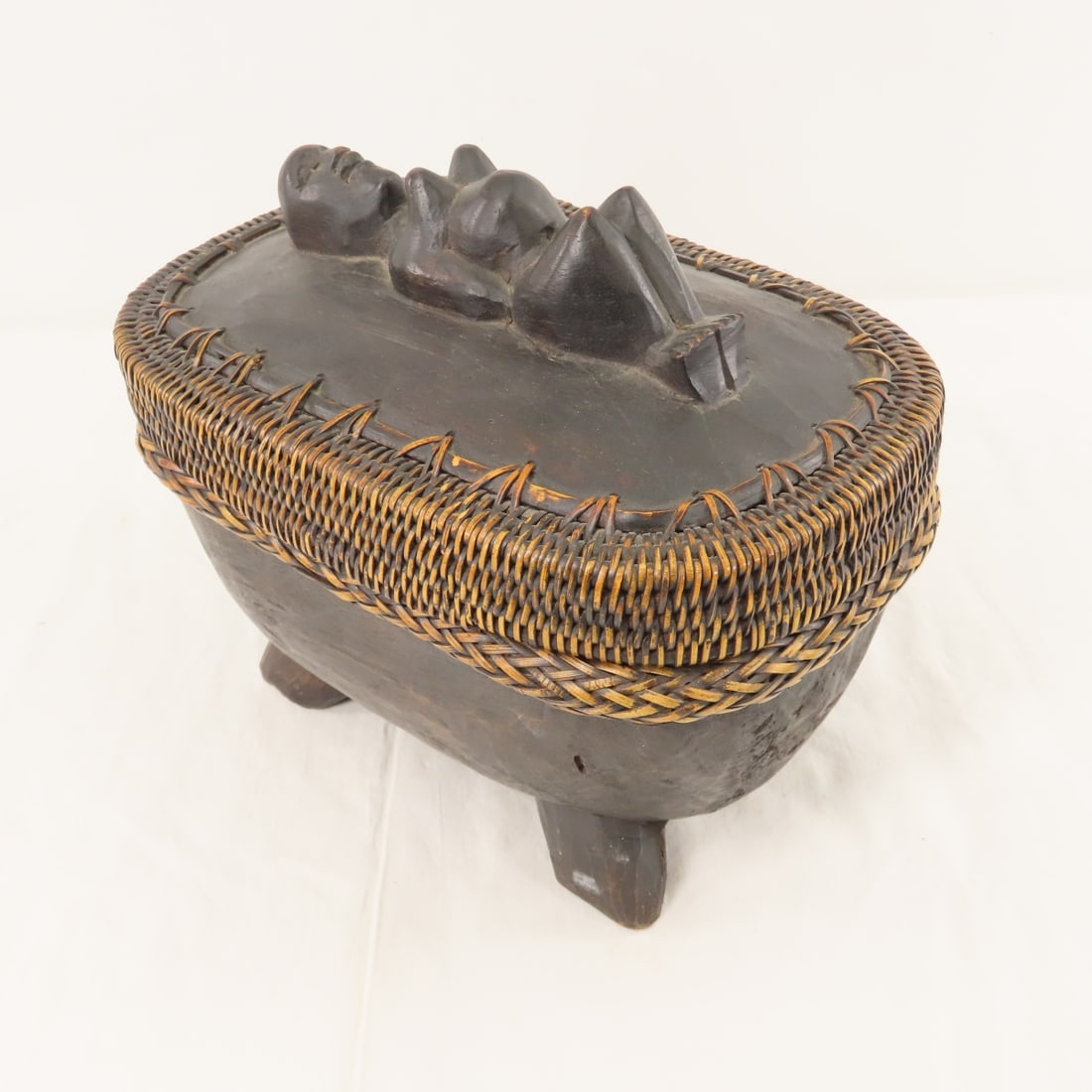 Indonesian Lombok Carved Wood & Woven Reed Basket (1 of 12)