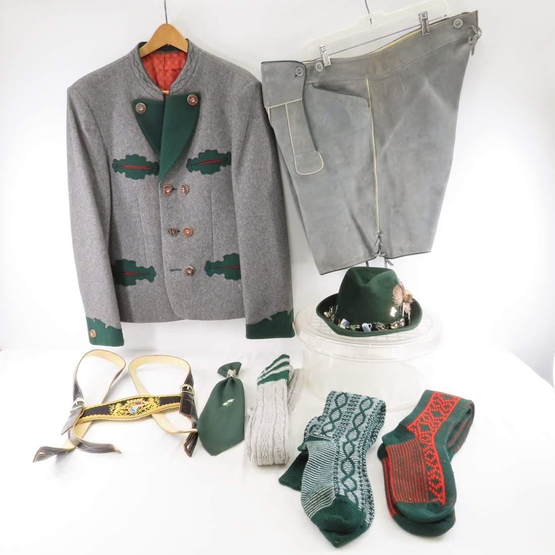 Austrian Gamsfrackl, Lederhosen & Tyrolean Hat: Austrian Gamsfrackl, Lederhosen & Tyrolean Hat - Suspenders, Socks, & Tie. Dolomitenhut brand hat size 60, Gamsfrackl is Hirmer Munchen brand, Bergfreind Lederhosen size 56, Lot size: 18 x 14 x 12", 1