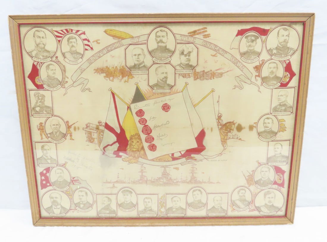 Antique Framed Souvenir Linen of the Great War: Antique Framed Souvenir Linen of the Great War - 24.5" wide x 19" tall. Lot size: 25 x 20 x 1", 6 lbs Photos are part of lot description. Please ask questions and read terms & conditions before biddin