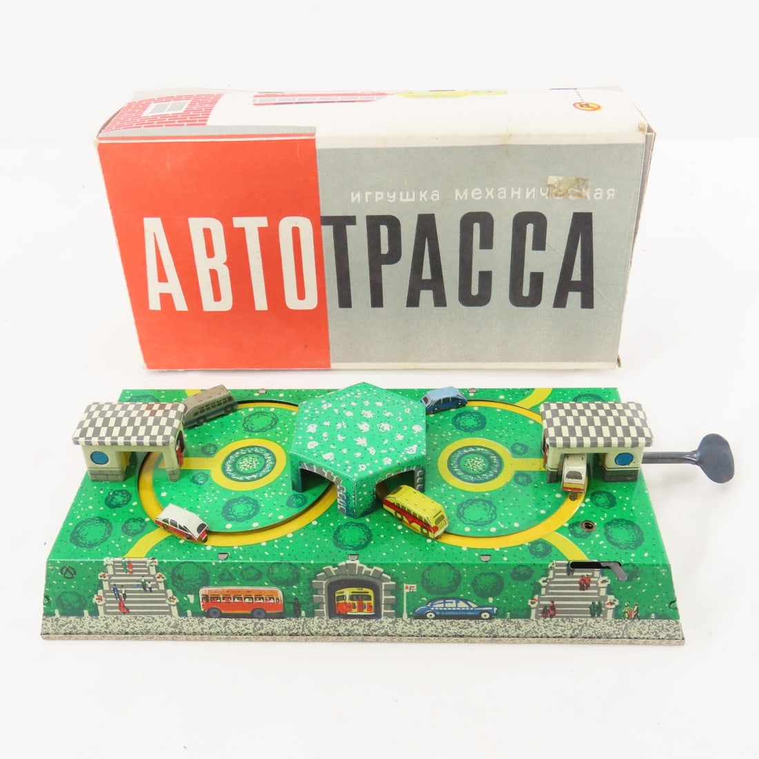 Russian Tin Litho Windup Bus Station w/Buses & Box (1 of 17)