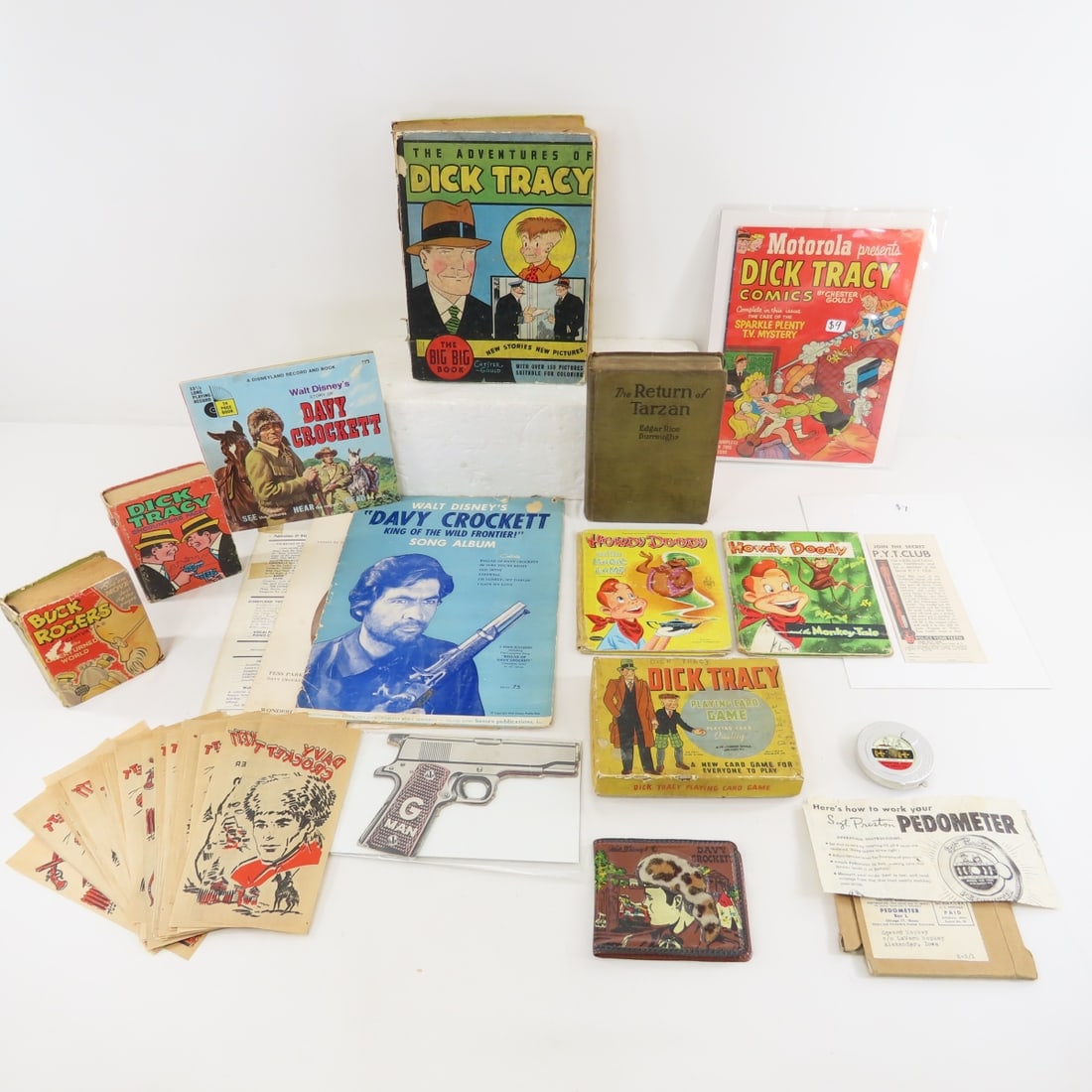 Dick Tracy & Other TV Premiums & Collectibles: Dick Tracy & Other TV Premiums & Collectibles - Dick Tracy: Big Little Book- damage, Big Big Book, comic book & card game in box - may not be complete. Sgt Preston pedometer, Buck Rogers better little