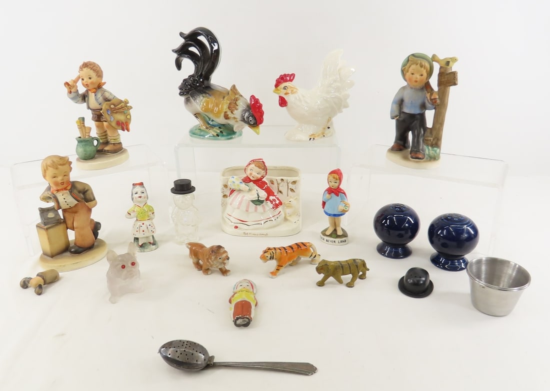 Figurines, Salt & Peppers & Other Collectibles: Figurines, Salt & Peppers & Other Collectibles - 1 Goebel & 2 Napco figurines (1 is broken), Relco rooster & chicken, Little Red Riding hood planter, glass snowman candy container, Japan bisque Indian