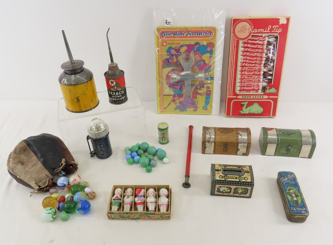 Vintage Rollerskate Key, Marbles, Oil Cans & More: Vintage Rollerskate Key, Marbles, Oil Cans & More - Rollerskate key on card, A-Kamil tip shoelace display- full, bag of marbles, Captain Kidd tin bank with key, 2 Treasure chest coin banks- no keys, V