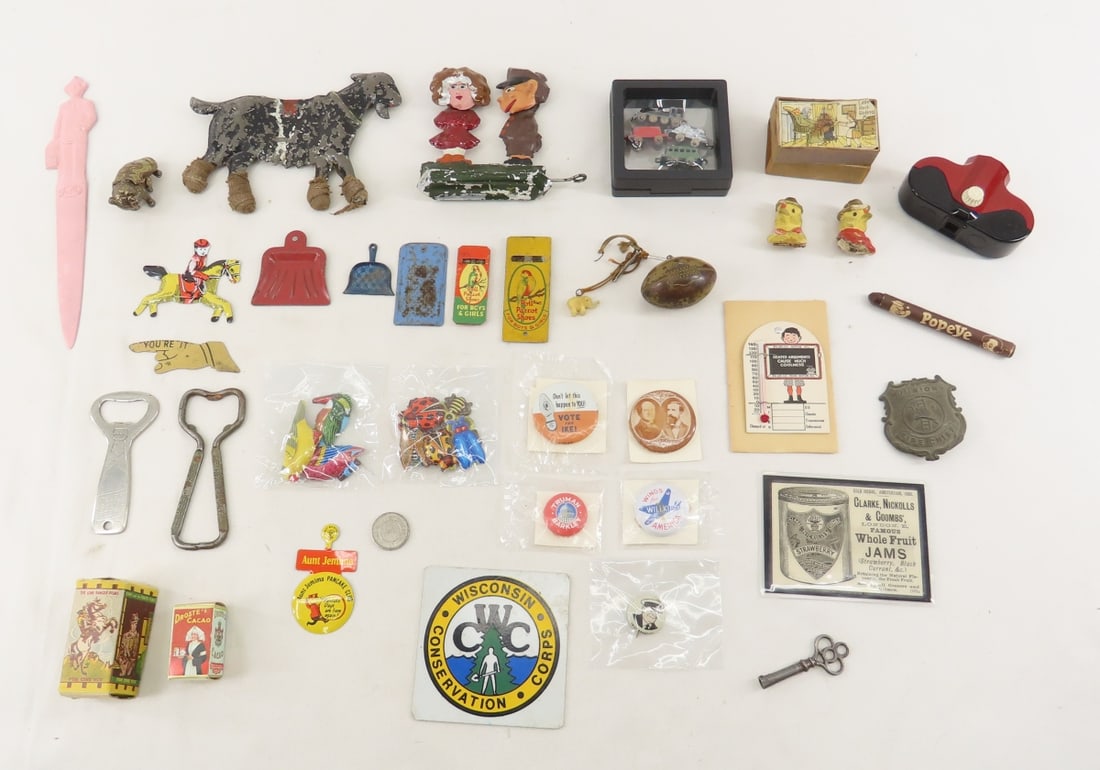 Miniature Toys, Advertising Whistles & Premiums: Miniature Toys, Advertising Whistles & Premiums - metal nodder toy, bottle openers, hand held Lone Ranger viewer (does turn but sounds brittle- may not view whole movie- we did not want to brake it),
