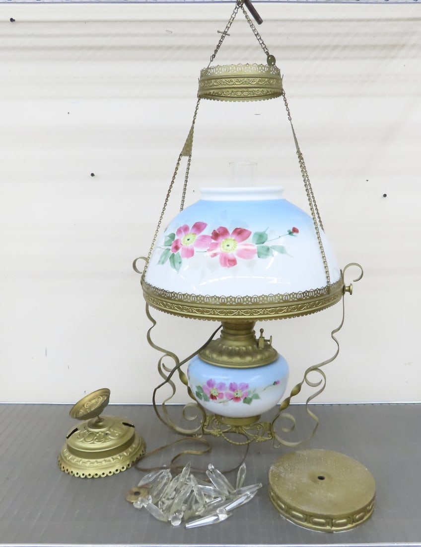 Electrified Victorian Style Hanging Parlor Lamp: Electrified Victorian Style Hanging Parlor Lamp - made in USA, Missing 4 crystal prisms, Lot size: 20 x 20 x 20", 13 lbsPhotos are part of description. Please ask questions and read terms & conditions