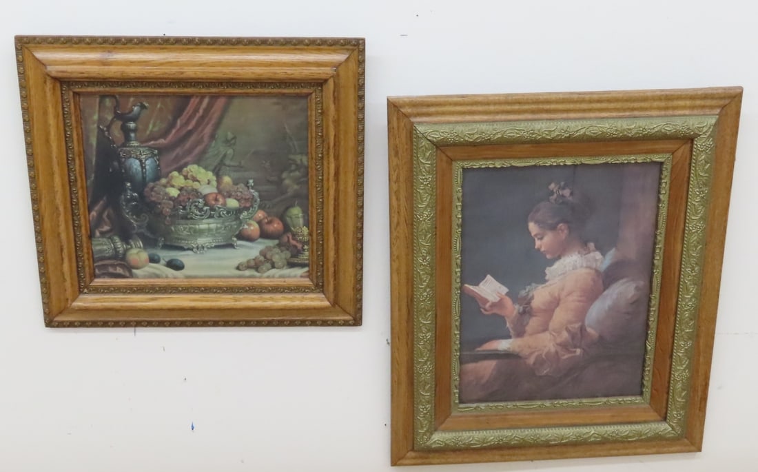 2 Prints of Antique Paintings in Restored Frames: 2 Prints of Antique Paintings in Restored Frames - 1) print of 18th century painting of young girl reading by Jean-Honore Fragonard (France 1732-1806) in restored antique frame 30 x 25", 2) print of s