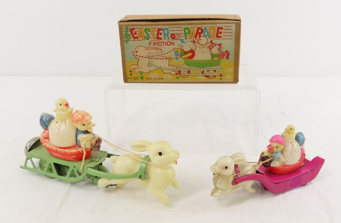 2 Vintage Easter Bunny Sleigh Friction Toys, Japan (1 of 20)