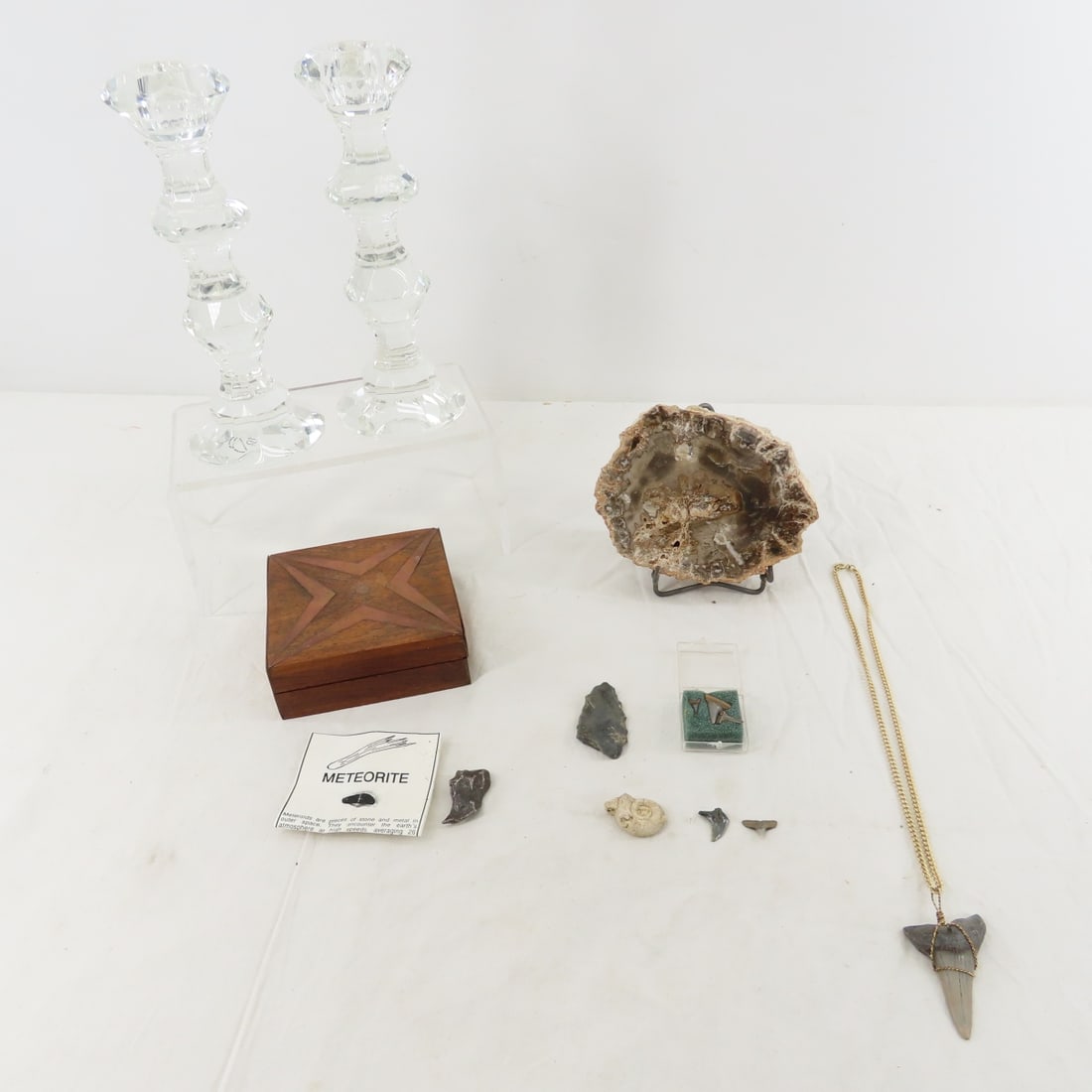 Meteorite, Petrified Wood, Lenox Candle Holders: Meteorite, Petrified Wood, Lenox Candle Holders - Over 1lb petrified wood specimen, Sharks Teeth, Fossil, Meteorite specimen, Lenox Candle Holders and Decorative Box. Lot size: 10 x 7 x 4", 6 lbsPhoto