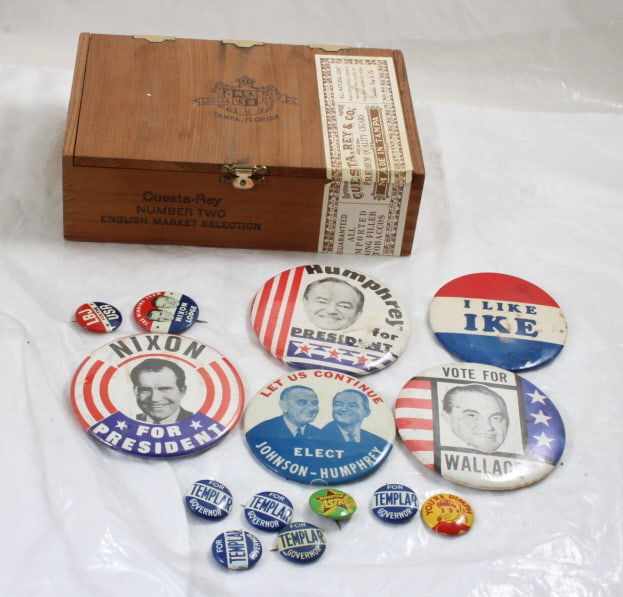 Cuesta Ray Wood Cigar Box, Vintage Political Pins: Cuesta Ray Wood Cigar Box, Vintage Political Pins - Political pinbacks are for Nixon, Humphrey, Wallace, Eisenhower, Johnson, Templar, and Armor Franks "You're DIMPH" Pin. Cigar Box measures 8" x 5.5"