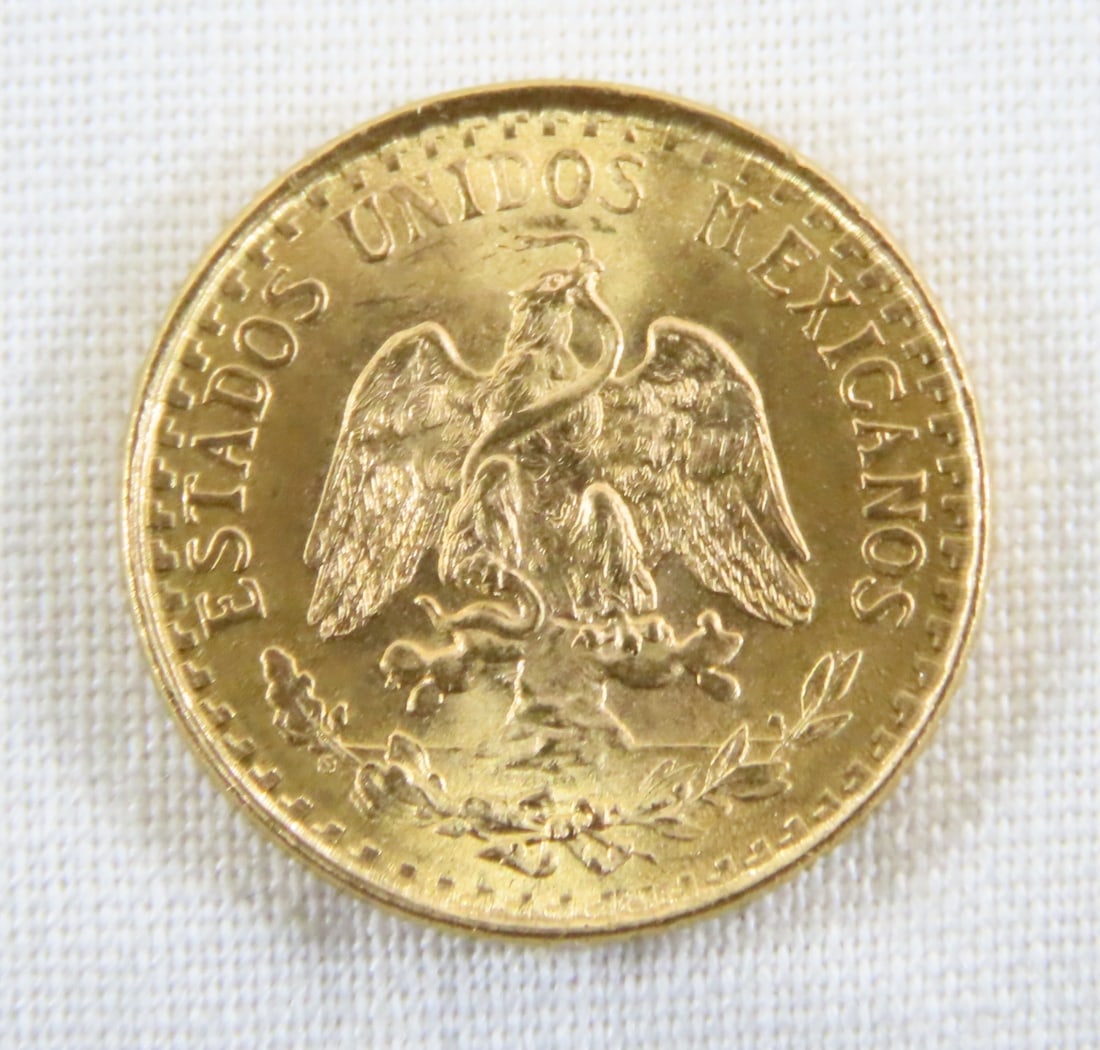 1943 M Mexican Dos Pesos Gold Coin: 1943 M Mexican Dos Pesos Gold Coin - Lot Size 3x2x1" 1 lb Photos are part of description, Live Auctioneers only displays the 1st 20 photos per lot. Please ask questions and read terms & conditions bef