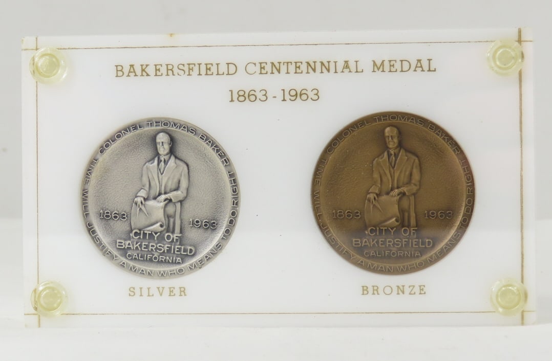 1963 Bakersfield Centennial Silver & Bronze medals: 1963 Bakersfield Centennial Silver & Bronze medals - Lot Size 4x3x1" 1lb Photos are part of description, Live Auctioneers only displays the 1st 20 photos per lot. Please ask questions and read terms &