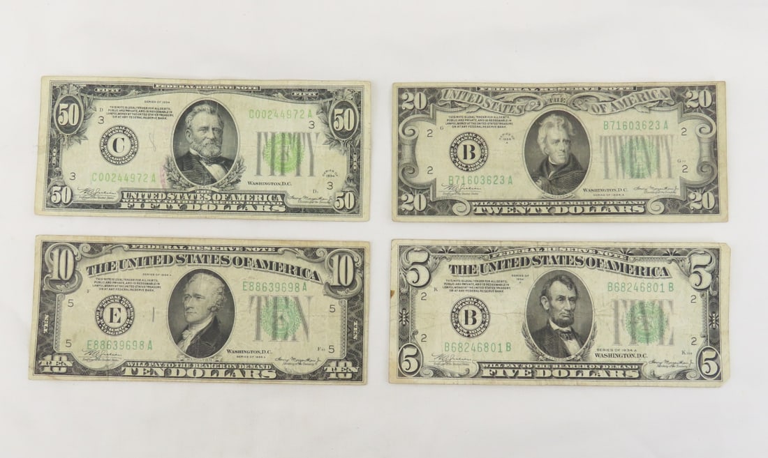 4 1934 US Fed Res Notes $50, $20, $10, $5 (1 of 9)