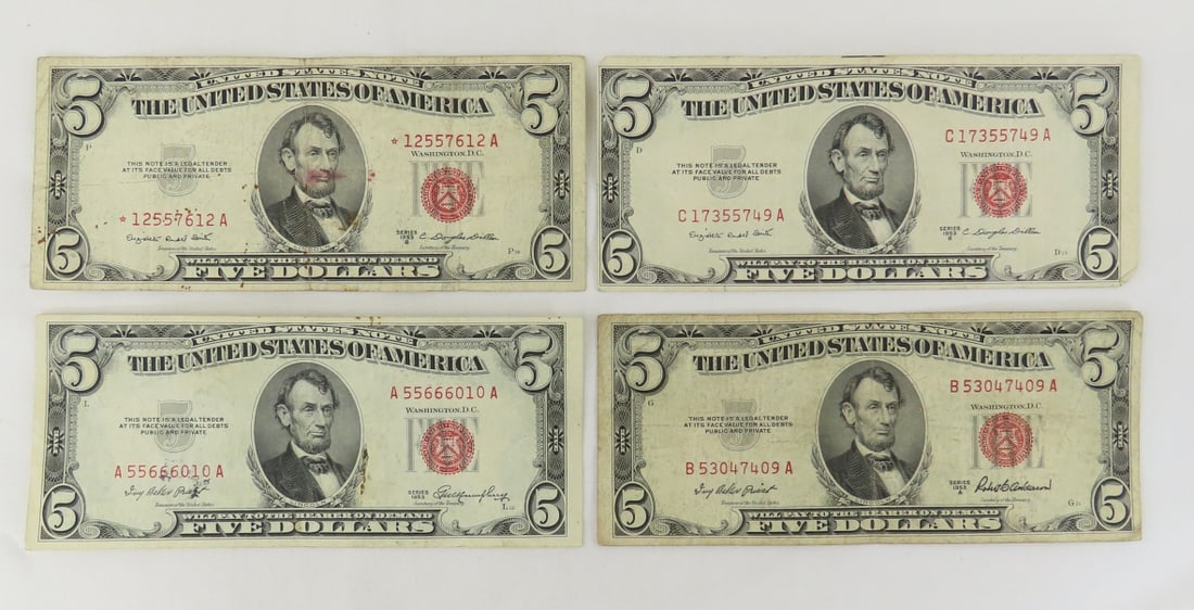 4 1953 $5 Red Seal Notes, 1 is a star note (1 of 9)