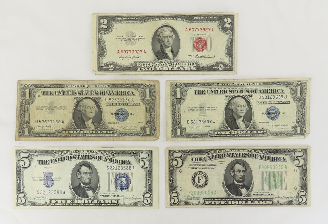 Mixed US Notes, 2 $1 & 1 $5 Silver Certs, 1953 $2 (1 of 11)