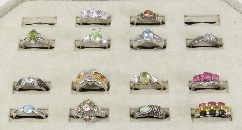 14 Signed Sterling & Semi-Precious Stone Rings: 14 Signed Sterling & Semi-Precious Stone Rings - 37.6 grams total weight, all marked 925 or sterling non- magnetic: 1) CN white sapphire & glass size 6 1/2, 2) CC with 1 diamond and gold vermeil surfa