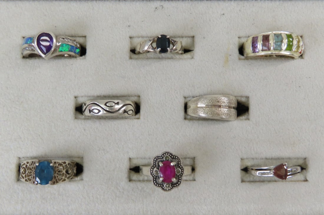 8 Sterling Silver & Semi-Precious Stone Rings: 8 Sterling Silver & Semi-Precious Stone Rings - 30.8 grams total weight, all marked 925 or sterling except #5 which is .999, non- magnetic:1) no hallmark, brown tourmaline & diamond size 6 1/2, 2) mar