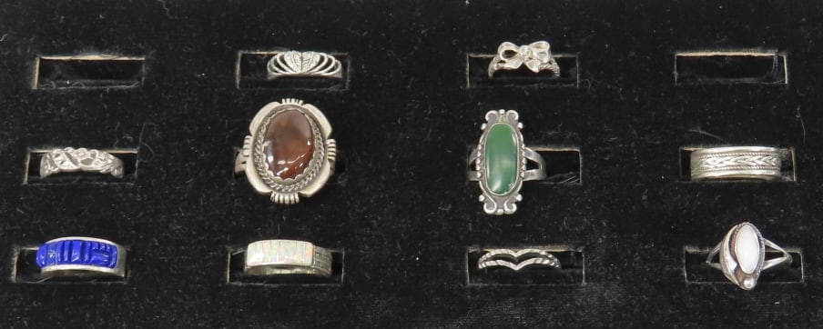 10 Sterling Silver Bands & Stone Rings: 10 Sterling Silver Bands & Stone Rings - 35.7 grams total weight, all marked 925 or sterling non- magnetic: 1) S.Y. brown stone/agate size 9 1/2, 2) no hallmark moss jade size 6 1/2, 3) no hallmark mo