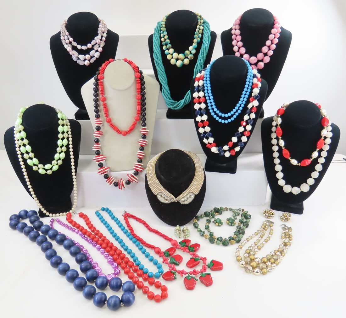 Japan, German & Other Vintage Jewelry: Japan, German & Other Vintage Jewelry - Judy Lee faux pearl necklace, green & gold bead necklace/earring set, gold bead necklace/earring set, and more. Lot size: 12 x 12 x 9", 3.9lbs Photos are part o