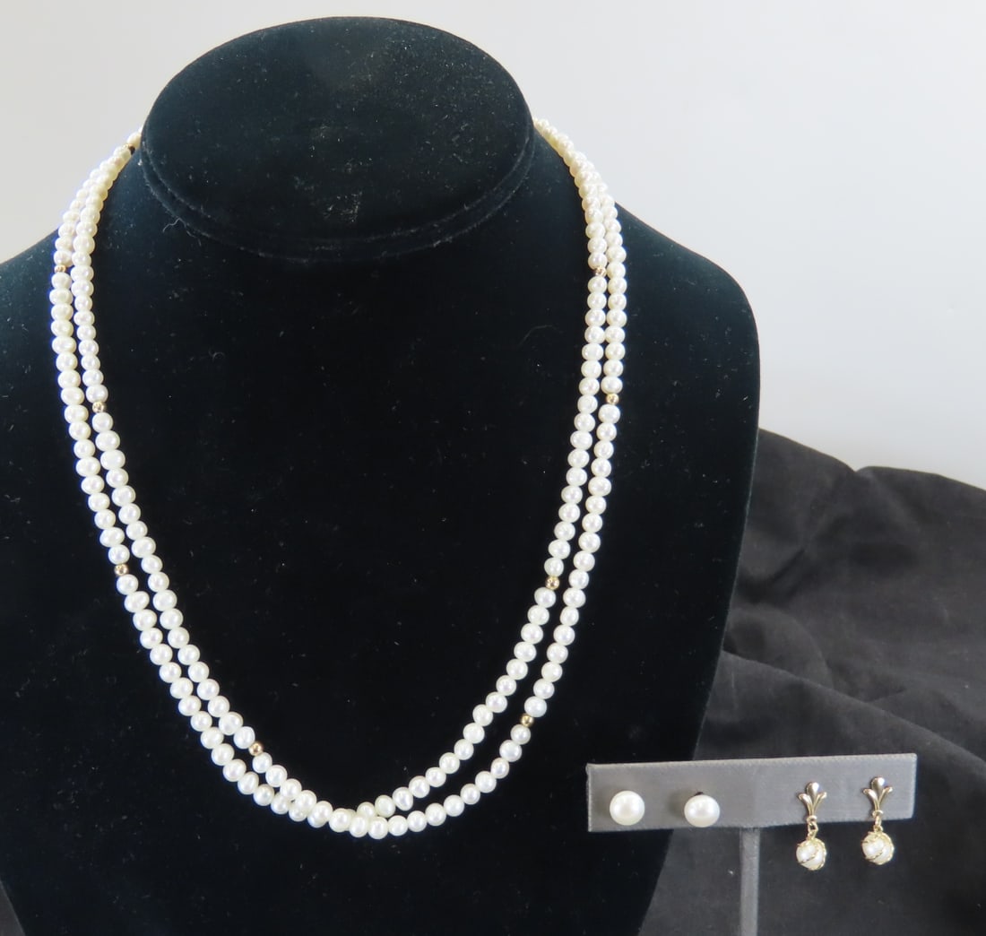2 Pair 14kt Pearl Earrings & Double Pearl Necklace (1 of 13)