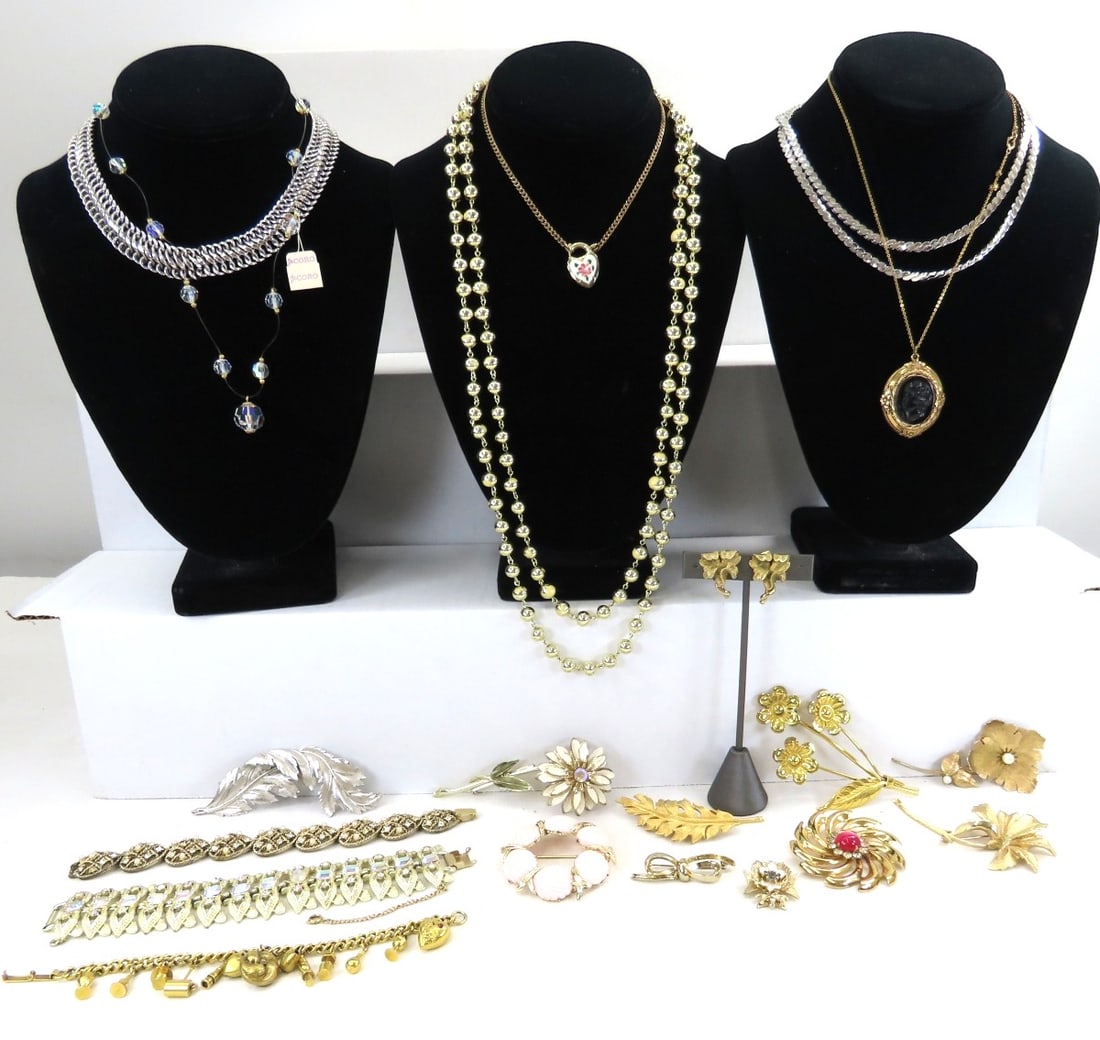 Vintage Signed Enco Charm Bracelet & Coro Jewelry: Vintage Signed Enco Charm Bracelet & Coro Jewelry - 10 brooches, AB bracelet has all stones, other bracelet is missing a few, black cameo necklace, clip earrings, enamel heart necklace, 2 silver tone